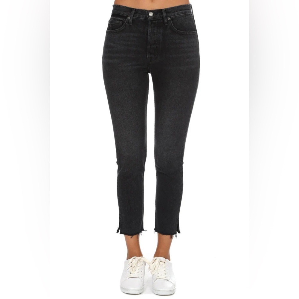 GRLFRND Karolina Jeans 28 Nine Lives Black Raw Hem Distressed Skinny Straight